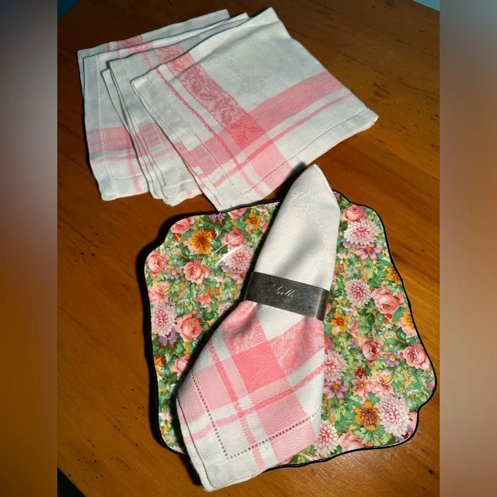 Vintage Cottage Chic Pristine Pink & White Striped Damask Cloth Napkins ~ 6 pc.